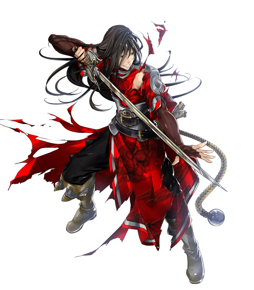 1boy boots brown_eyes brown_hair fingerless_gloves fire_emblem fire_emblem:_mystery_of_the_emblem fire_emblem_heroes full_body gloves highres long_hair male_focus nabarl official_art solo sword teeth torn_clothes transparent_background weapon yura_(ub4u)