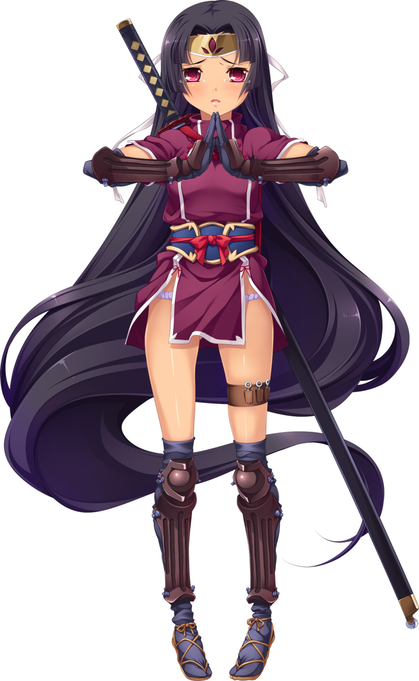 1girl absurdly_long_hair absurdres armor black_hair full_body gloves hand_gesture hands_together headband highres holster koihime_musou long_hair looking_at_viewer lowleg official_art over-kneehighs panties pelvic_curtain red_eyes sheath sheathed short_sleeves shuutai solo sword tears thigh-highs thigh_holster transparent_background underwear very_long_hair weapon yatsuha_kanan