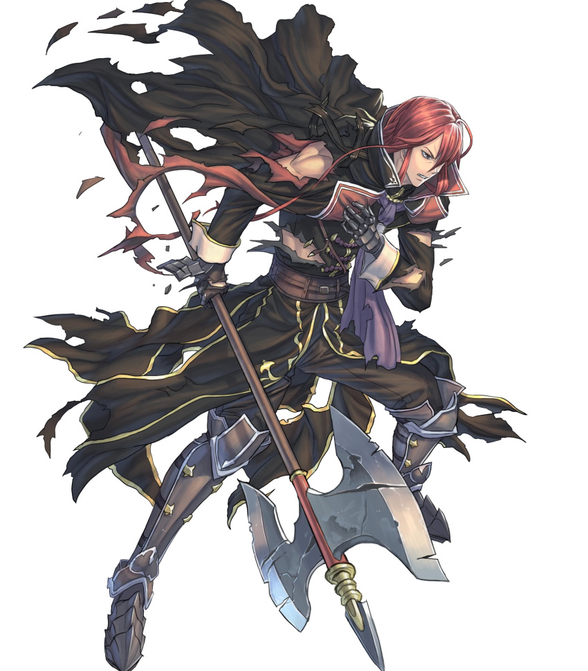 1boy armor armored_boots axe boots brown_eyes cape earrings fire_emblem fire_emblem:_mystery_of_the_emblem fire_emblem_heroes full_body gloves highres jewelry long_hair male_focus misheil_(fire_emblem) official_art redhead solo teeth torn_clothes transparent_background weapon