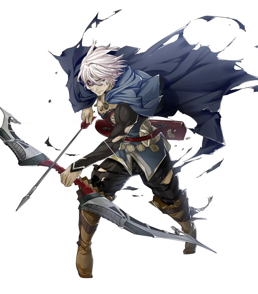 1boy arrow blue_eyes boots bow_(weapon) capelet dark_skin dark_skinned_male eyepatch fire_emblem fire_emblem_heroes fire_emblem_if full_body highres injury male_focus official_art quiver solo teeth torn_clothes transparent_background weapon white_hair yura_(ub4u) zero_(fire_emblem_if)