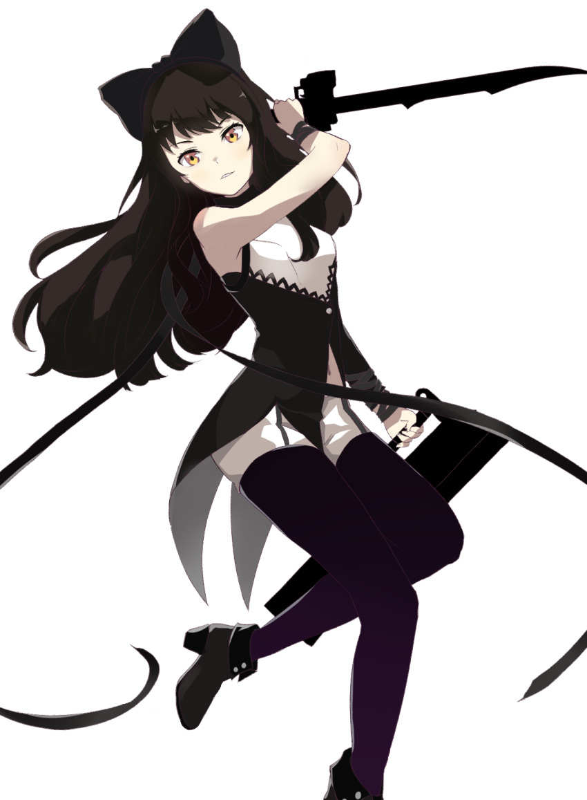 1girl bare_shoulders black_hair black_legwear black_shoes blake_belladonna bow commentary_request garter_straps hair_bow highres holding holding_weapon long_hair looking_at_viewer rwby shirt shoes simple_background sleeveless sleeveless_shirt solo thigh-highs weapon white_background yellow_eyes yui_tsuda