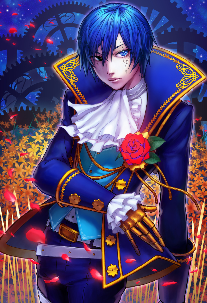 1boy absurdres belt blue_eyes blue_hair closed_mouth cracked_skin cravat flower gears hai_wa_hai_ni_(vocaloid) highres isozaki_(tuner) kaito lips looking_at_viewer male_focus pale_skin project_diva_(series) red_rose requiem_(module) rose ruffled_sleeves sky solo star_(sky) starry_sky vocaloid