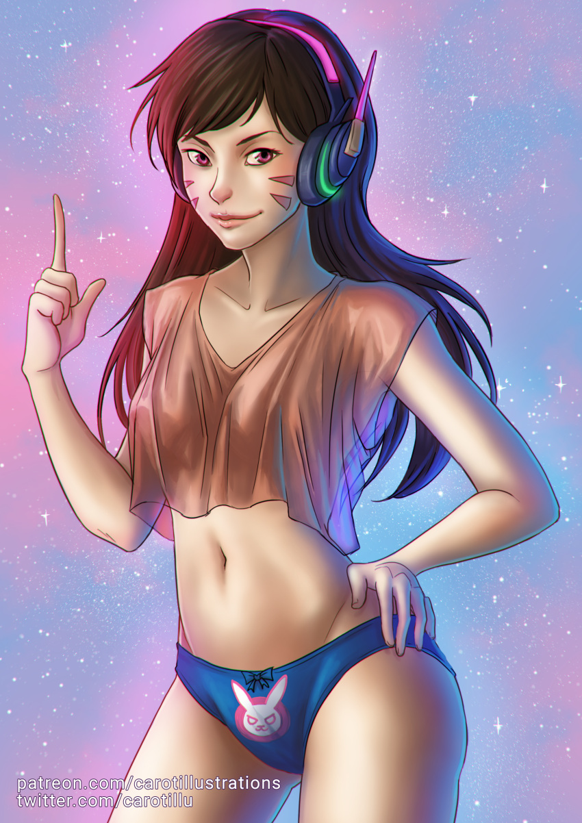 1girl absurdres alternate_eye_color animal_print bangs blue_background blue_panties bow bow_panties breasts brown_hair brown_shirt bunny_print caro_tuts collarbone contrapposto cowboy_shot crop_top crop_top_overhang d.va_(overwatch) facepaint facial_mark hand_on_hip headphones highres index_finger_raised light_particles light_smile long_hair looking_at_viewer navel no_bra overwatch panties pink_lips purple_background see-through see-through_silhouette shirt short_sleeves small_breasts solo swept_bangs underwear v-neck violet_eyes watermark web_address whisker_markings