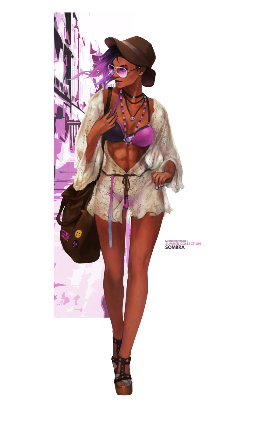 1girl abs absurdres artist_name bag bead_necklace beads bikini black_choker black_ribbon blue_nails breasts brown_hat casual character_name choker commentary dark_skin earrings fashion fingernails full_body hat highres jewelry long_hair long_sleeves looking_to_the_side medium_breasts monori_rogue nail_polish necklace overwatch platform_footwear purple_bikini purple_hair purple_lips ribbon see-through see-through_silhouette shoulder_bag simple_background skull skull_necklace smile smiley_face solo sombra_(overwatch) sunglasses swimsuit toenail_polish toned violet_eyes white_background wide_sleeves