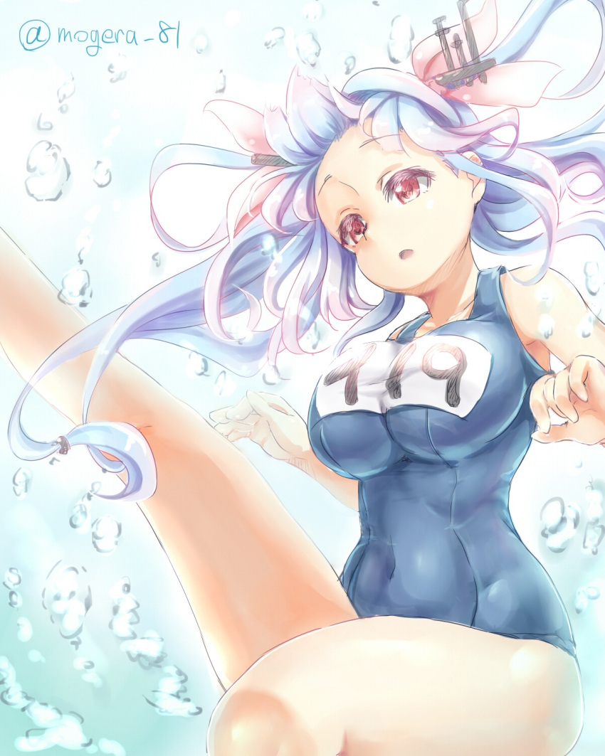 1girl blue_hair blue_swimsuit flower hair_flower hair_ornament highres i-19_(kantai_collection) kantai_collection long_hair mogera81 name_tag one-piece_swimsuit red_eyes school_swimsuit solo swimsuit tri_tails twintails twitter_username underwater
