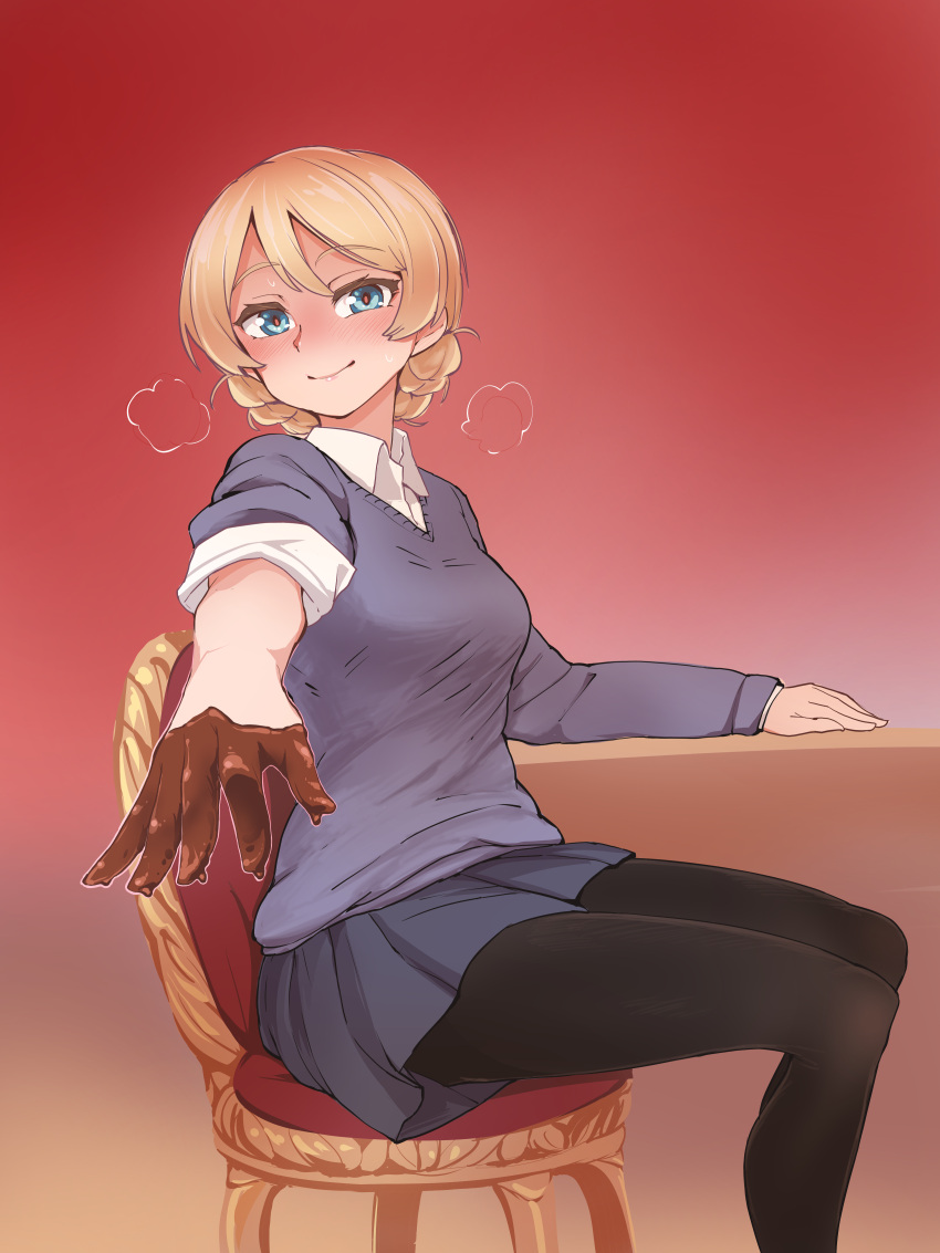 absurdres aomushi_(mushamusha) bangs black_legwear blonde_hair blue_eyes blue_skirt blue_sweater braid breath chair chocolate chocolate_covered chocolate_on_fingers darjeeling dress_shirt dripping girls_und_panzer highres long_sleeves outstretched_arm outstretched_hand pantyhose pleated_skirt red_background school_uniform shirt short_hair sitting skirt sleeves_rolled_up sweater table twin_braids v-neck white_shirt