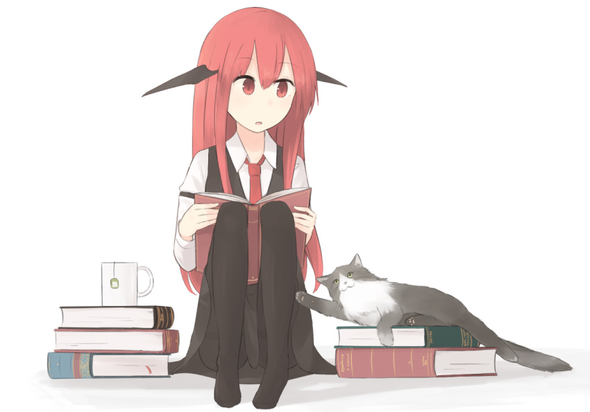 1girl :o armband bat_wings black_legwear book book_stack bookmark cat collared_shirt commentary_request cup dress_shirt eyebrows_visible_through_hair full_body head_wings hinami047 holding holding_book koakuma long_sleeves mug necktie no_shoes open_book pantyhose reading red_eyes red_necktie redhead shirt sitting skirt skirt_set tea_bag touhou vest white_shirt wings