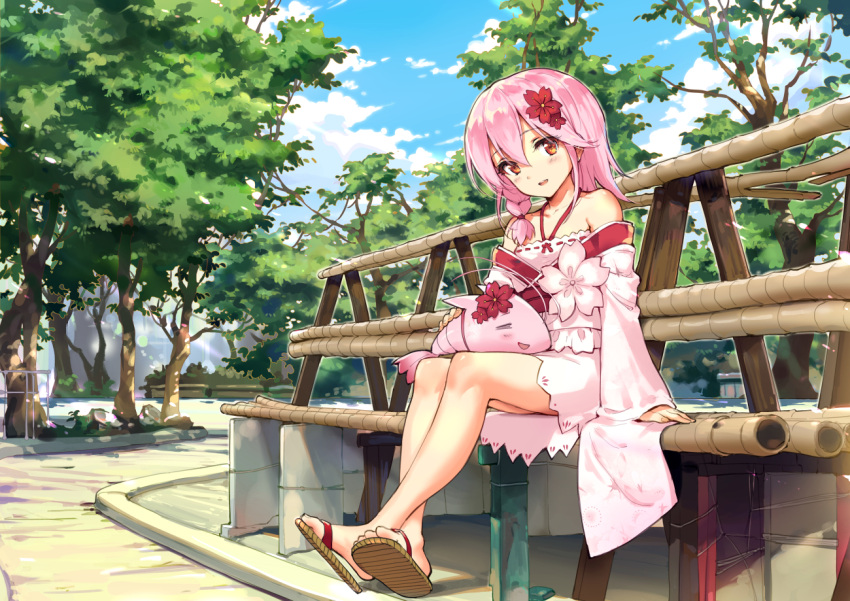 1girl bangs bare_shoulders bench blue_sky blush braid cherry_blossoms clouds cloudy_sky day eyebrows_visible_through_hair flower full_body gou_(ga673899) hair_between_eyes hair_flower hair_ornament halterneck japanese_clothes kimono kimono_pull kimono_skirt looking_at_viewer open_mouth outdoors park path pink_hair pink_kimono red_flower road sandals sergestid_shrimp_in_tungkang shrimp sitting sky smile solo teeth tree wide_sleeves xuan_ying