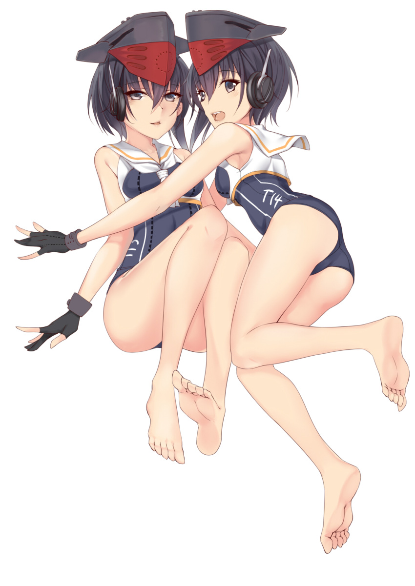 1girl asymmetrical_hair b3b bare_shoulders barefoot black_eyes black_hair feet gloves hair_between_eyes headphones highres i-13_(kantai_collection) i-14_(kantai_collection) kantai_collection looking_at_viewer open_mouth partly_fingerless_gloves sailor_collar school_swimsuit short_hair simple_background single_glove soles solo swimsuit toes white_background