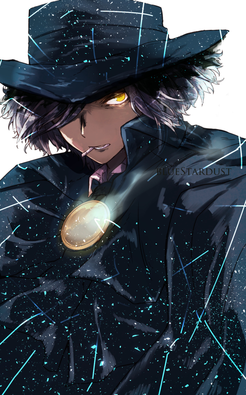 1boy artist_name black_hat cigarette cloak edmond_dantes_(fate/grand_order) fate/grand_order fate_(series) fedora hat highres kojima_(blue_stardust) looking_at_viewer male_focus one_eye_covered simple_background solo upper_body wavy_hair white_background white_hair yellow_eyes