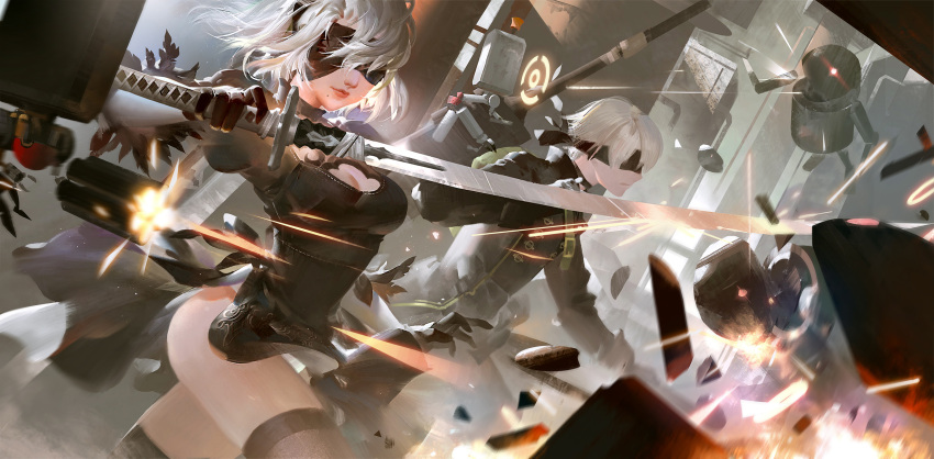 1boy 1girl black_clothes blindfold breasts bullet cleavage firing highres jinn_avalon leotard_under_clothes mole mole_under_mouth nier_(series) nier_automata robot side_slit silver_hair sword thigh-highs weapon yorha_no._2_type_b yorha_no._9_type_s