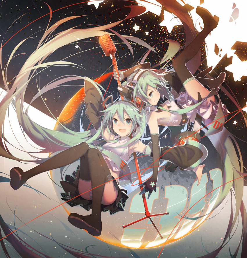 2girls detached_sleeves elbow_gloves gloves green_eyes green_hair hatsune_miku highres kieed long_hair microphone microphone_stand multiple_girls necktie skirt thigh-highs twintails very_long_hair vocaloid