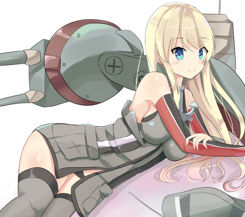 1girl bare_shoulders bismarck_(kantai_collection) blonde_hair blue_eyes detached_sleeves grey_legwear hat hat_removed headwear_removed highres kantai_collection kugehi long_hair machinery military military_uniform simple_background smile solo thigh-highs uniform white_background