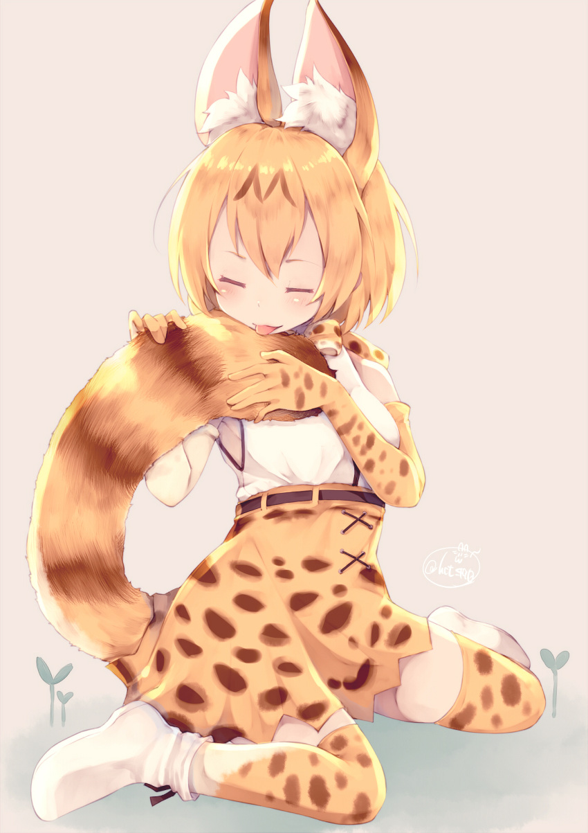 1girl animal_ears blonde_hair bow cat_ears cat_tail chita_(ketchup) closed_eyes elbow_gloves full_body gloves highres kemono_friends licking print_skirt serval_(kemono_friends) serval_ears serval_tail shoes short_hair sitting skirt smile solo sprout tail wariza white_shoes