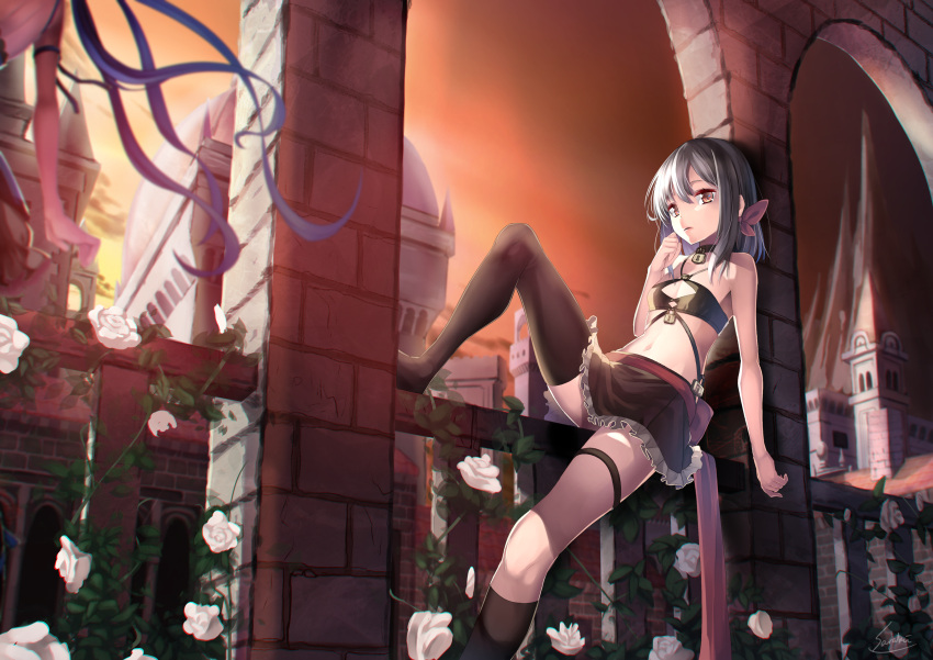 1girl bare_arms black_legwear black_skirt bow breasts brown_eyes choker cleavage_cutout flower hair_bow highres midriff original pillar rose saraki short_hair silver_hair skirt small_breasts solo_focus thigh-highs white_rose