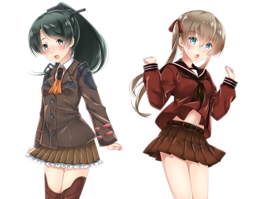 2girls alternate_costume alternate_hairstyle ascot baretto black_hair blue_eyes brown_hair clenched_hands commentary_request cosplay costume_switch hair_ornament hair_ribbon hairclip highres kantai_collection kumano_(kantai_collection) kumano_(kantai_collection)_(cosplay) long_hair mikuma_(kantai_collection) mikuma_(kantai_collection)_(cosplay) miniskirt multiple_girls open_mouth pleated_skirt ponytail ribbon school_uniform serafuku skirt thigh-highs