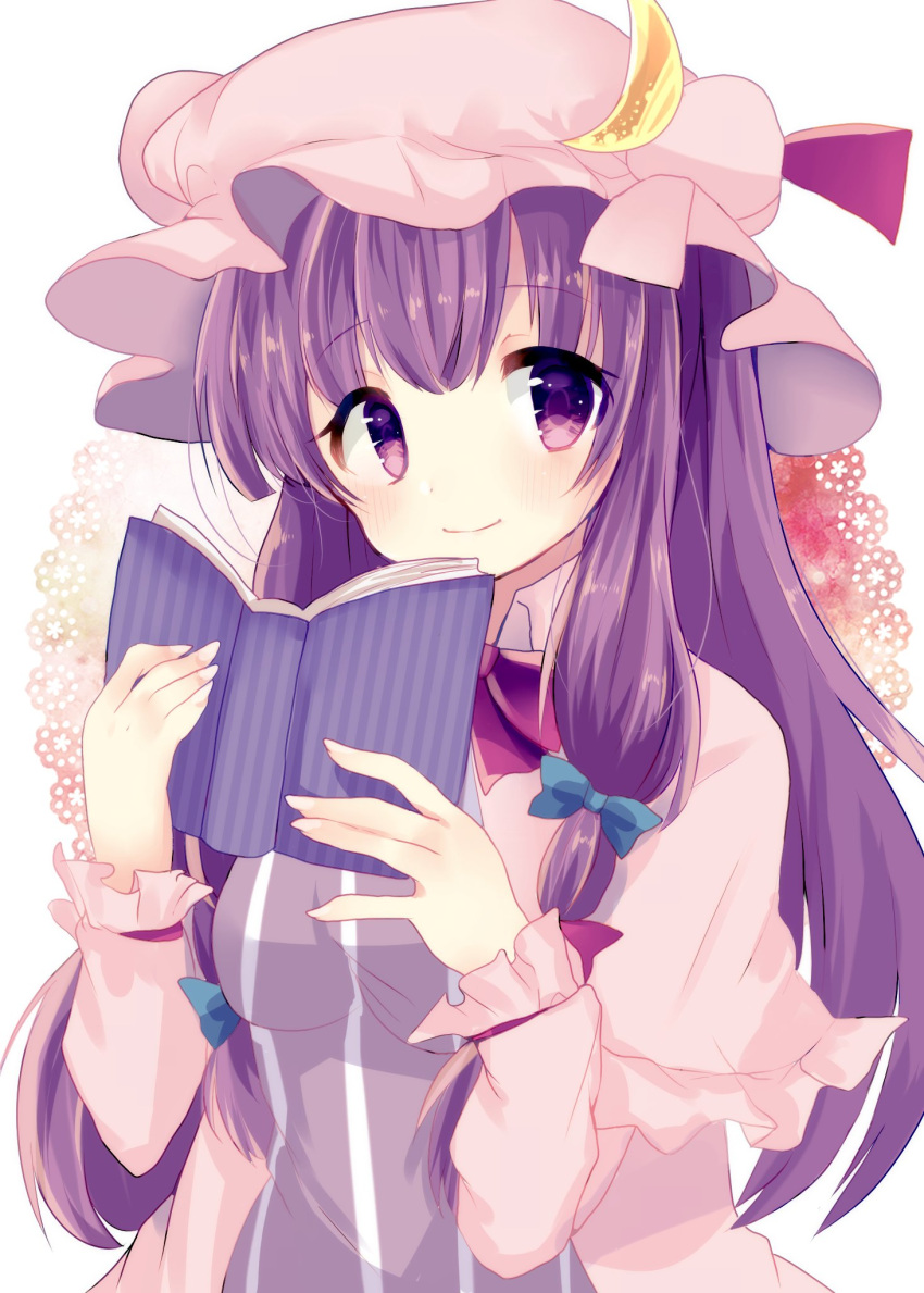 1girl an_(miyoshi_ruu) blue_bow blush book bow breasts capelet collar commentary_request crescent crescent_moon_pin eyebrows_visible_through_hair hair_bow hat hat_ribbon highres holding holding_book long_hair long_sleeves medium_breasts mob_cap open_book patchouli_knowledge purple_hair red_bow red_ribbon ribbon sideways_glance smile solo touhou upper_body very_long_hair violet_eyes