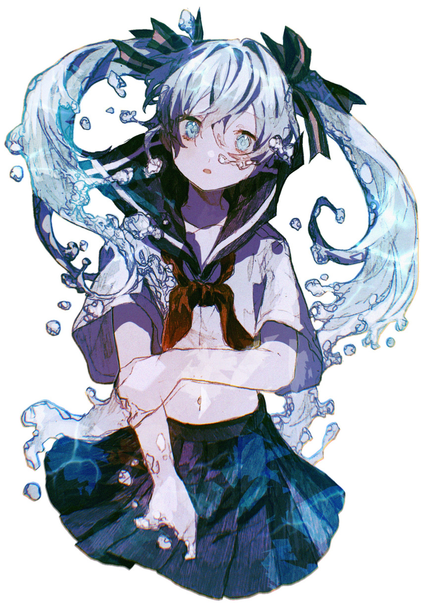 1girl :o absurdres bangs blue_eyes blue_hair blue_sailor_collar blue_skirt bottle_miku bow collarbone commentary cowboy_shot crossed_bangs hair_between_eyes hair_bow hatsune_miku highres holding_own_arm iwai_ku_tsuki liquid_hair long_hair looking_at_viewer midriff navel neckerchief open_mouth outstretched_arm pleated_skirt red_neckerchief sailor_collar school_uniform serafuku shadow shirt short_sleeves simple_background skirt solo twintails vocaloid water water_drop white_background white_shirt wide_sleeves