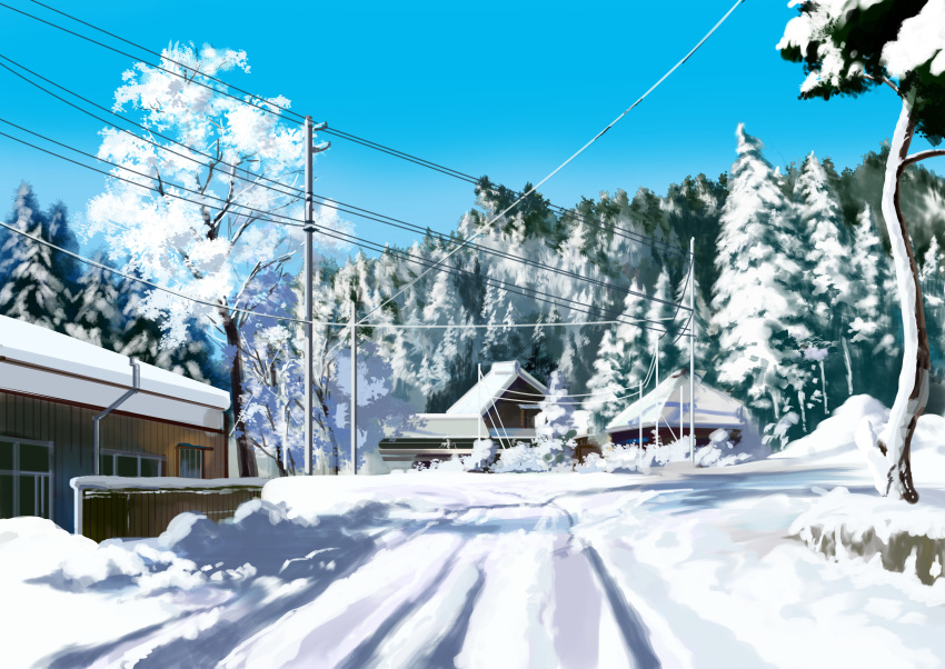 absurdres anchoku_0621 blue_sky building day highres house no_humans original outdoors scenery sky snow telephone_pole tree winter