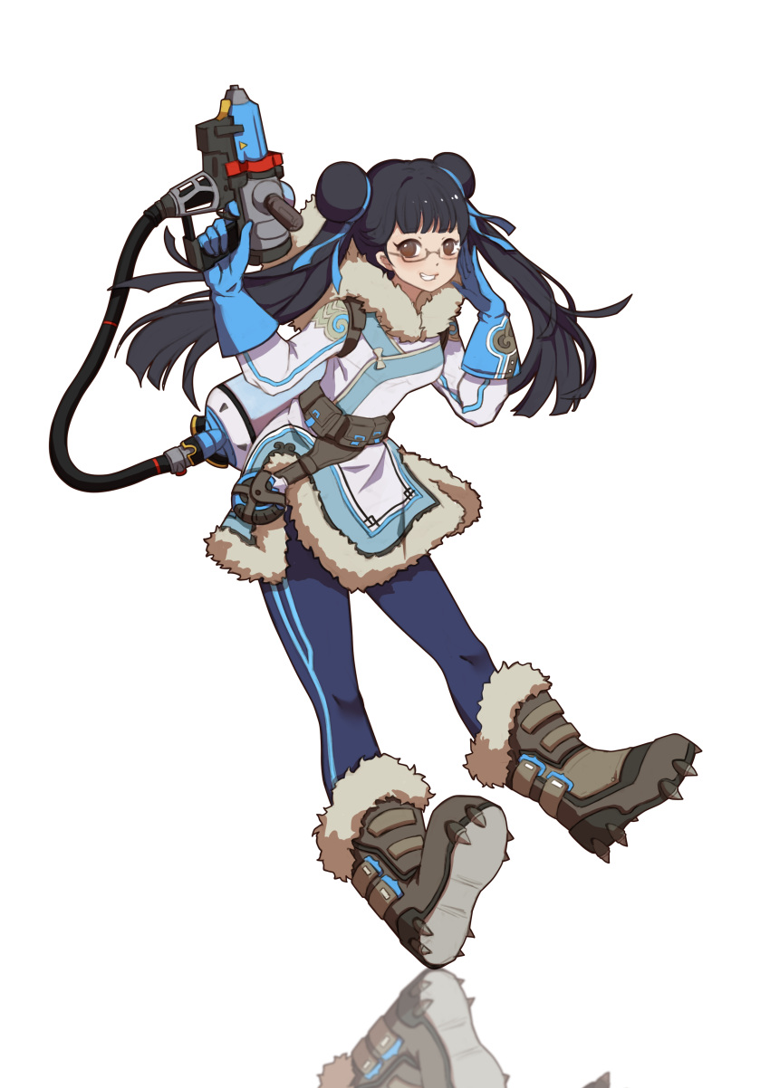 1girl :d absurdres bangs belt belt_pouch black_hair blue_gloves blue_legwear blue_ribbon blunt_bangs boots braid brown_boots brown_eyes canister canteen card_captor_sakura clenched_teeth coat cosplay duximeng energy_gun finger_on_trigger full_body fur-trimmed_boots fur-trimmed_jacket fur_boots fur_coat fur_trim gloves grin gun hair_bun hair_ornament hair_ribbon hand_on_glasses hand_to_head hand_up handgun highres holding holding_gun holding_weapon hose jacket knee_boots legs_apart li_meiling long_hair mei_(overwatch) mei_(overwatch)_(cosplay) open_mouth overwatch parka ray_gun reflection ribbon shoes simple_background smile snow_boots solo spiked_shoes spikes standing teeth twintails utility_belt weapon white_background winter_clothes winter_coat