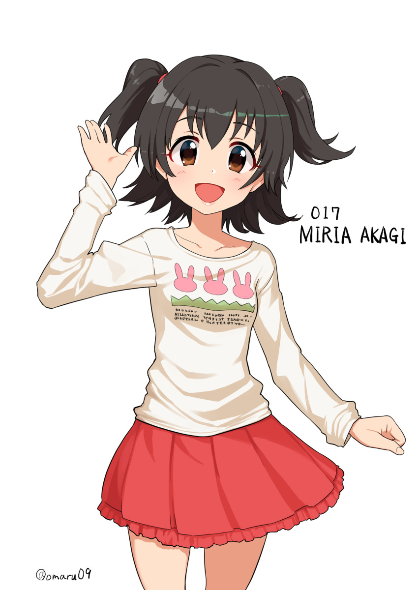 1girl akagi_miria black_hair blush brown_eyes character_name highres idolmaster idolmaster_cinderella_girls looking_at_viewer multiple_girls omaru_gyuunyuu open_mouth outstretched_hand short_hair simple_background smile solo twintails white_background