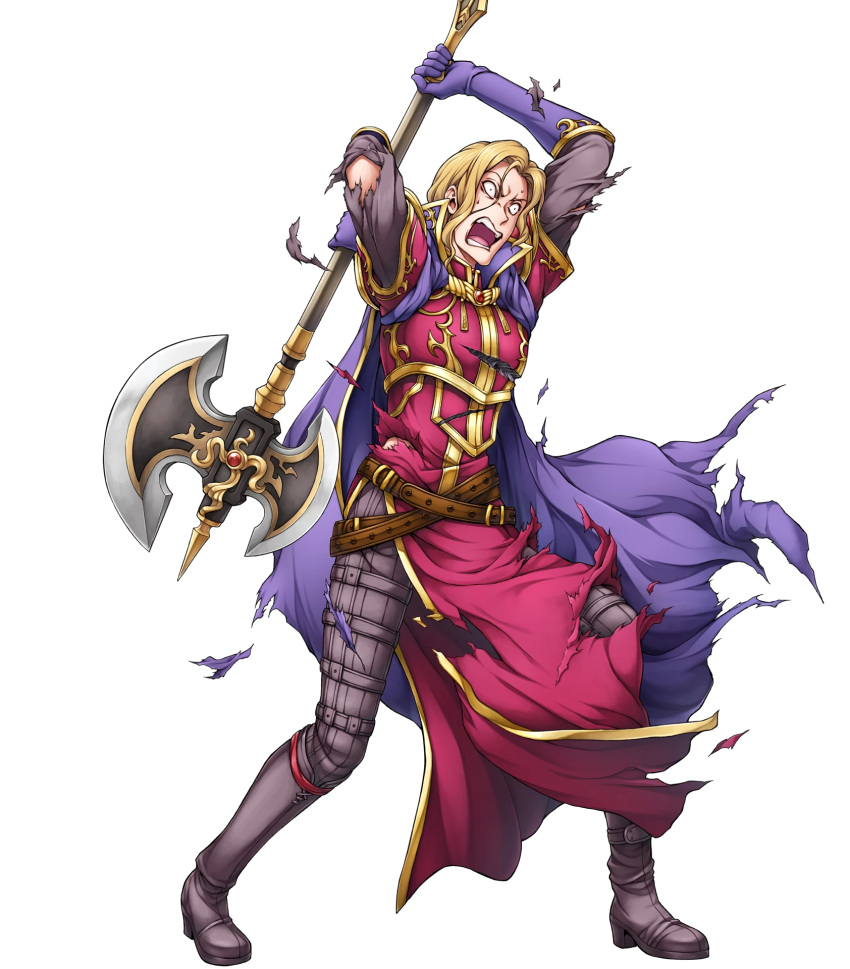 1boy armor axe belt blonde_hair boots cape fire_emblem fire_emblem:_fuuin_no_tsurugi fire_emblem_heroes full_body gloves highres male_focus nacien official_art open_mouth solo teeth torn_clothes transparent_background weapon yamada_koutarou