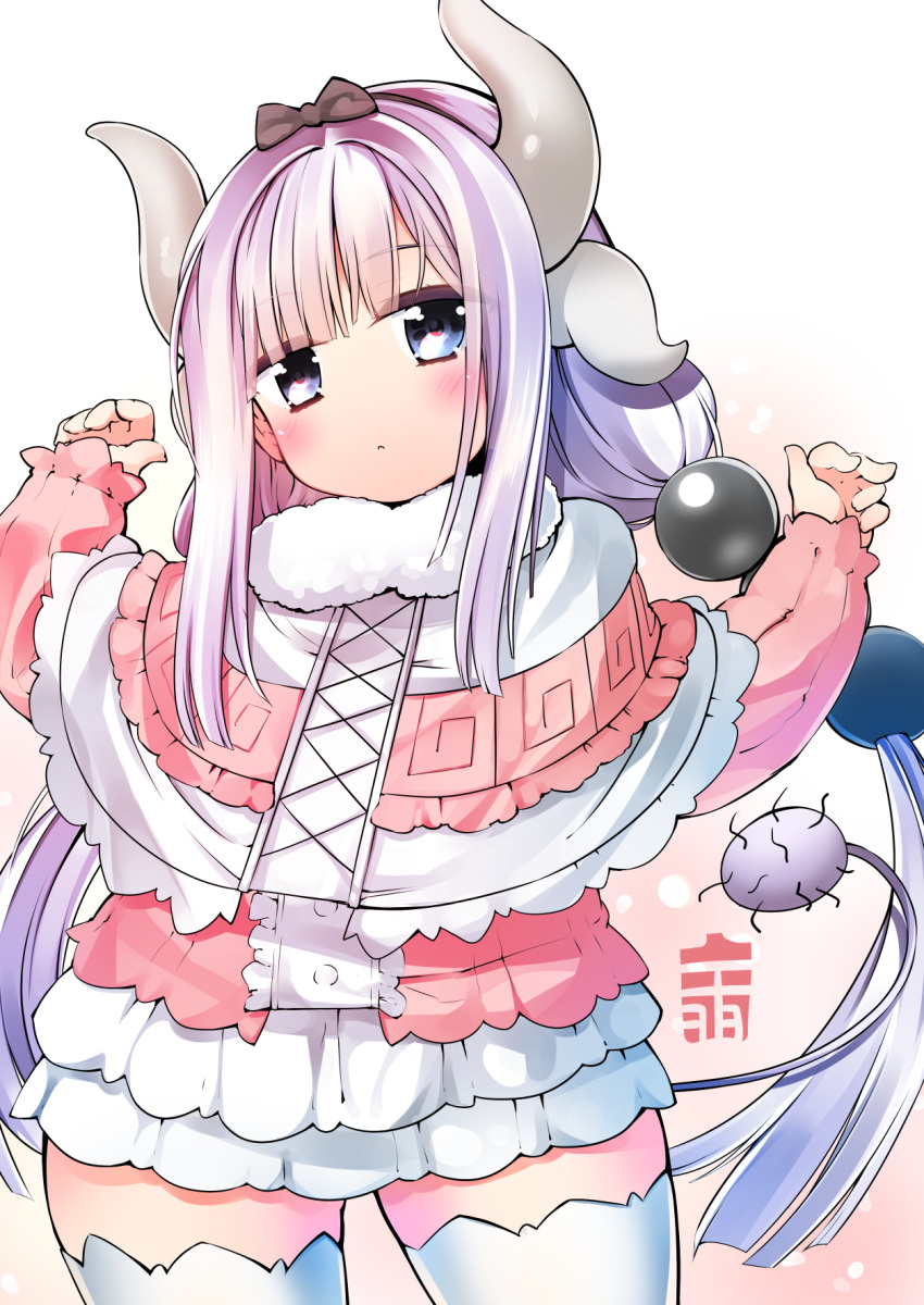 1girl :&lt; arms_up bangs beads black_ribbon blunt_bangs blush capelet closed_mouth cropped_legs dragon_girl dragon_horns dragon_tail dress eyebrows_visible_through_hair gothic_lolita hair_beads hair_ornament hairband half-closed_eyes highres horns kanna_kamui kobayashi-san_chi_no_maidragon lavender_hair lolita_fashion long_sleeves low_twintails ribbon shirasagi_rokuwa short_dress solo standing tail thick_thighs thigh-highs thighs twintails white_legwear