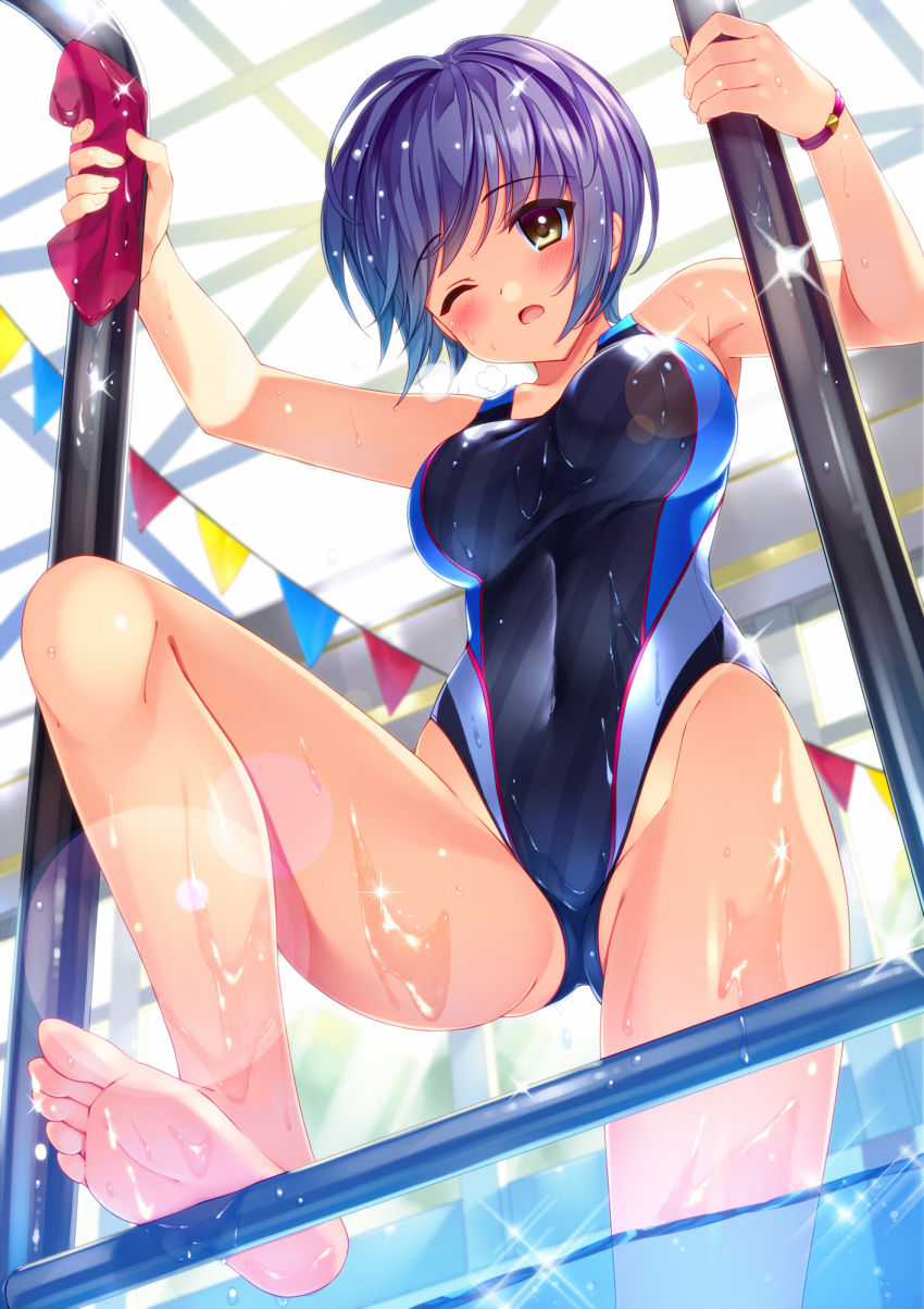 1girl barefoot blush bucchake_(asami) competition_swimsuit feet from_below highres one-piece_swimsuit pool_ladder soles solo swimsuit toes wet