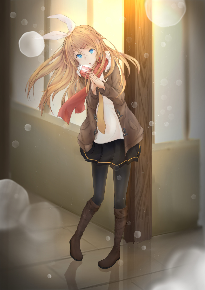 absurdres alternate_hair_length alternate_hairstyle blonde_hair blue_eyes boots bow breath eyelashes future_style_(module) hair_bow hair_ornament hairclip highres jacket kagamine_rin long_hair necktie night older open_mouth outdoors pantyhose pigeon-toed project_diva_(series) reflection scarf skirt snow solo vocaloid