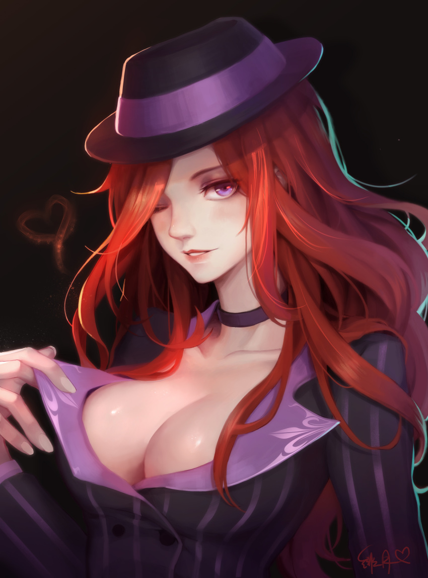 1girl absurdres alternate_costume black_background breasts choker cleavage hat heart highres league_of_legends lipstick long_hair looking_at_viewer makeup one_eye_closed parted_lips pinstripe_pattern red_lipstick redhead sarah_fortune scarlet_moon shirt_pull signature simple_background solo violet_eyes