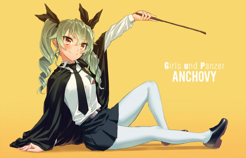 &gt;:) 1girl anchovy arm_support belt black_shoes black_skirt blew_andwhite blush brown_eyes cape character_name closed_mouth copyright_name dress_shirt drill_hair emblem full_body girls_und_panzer green_hair hair_ribbon loafers long_hair long_sleeves looking_at_viewer miniskirt necktie outstretched_arm pantyhose pleated_skirt ribbon riding_crop school_uniform shirt shoes simple_background sitting skirt smile solo twin_drills twintails uniform white_legwear white_shirt yellow_background