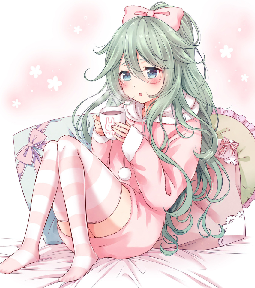 1girl :o animal_print bed_sheet blue_eyes blush bow breasts bunny_print cup drawstring dress error eyelashes fingernails flat_chest flower frilled_pillow frills green_hair hair_between_eyes hair_bow hair_ornament half_updo highres holding holding_cup hood hood_down hot_chocolate kantai_collection knees_together_feet_apart knees_up lace_trim leaning_back long_hair long_sleeves looking_at_viewer mug nail_polish nanairo_fuuka no_shoes on_bed pajamas pillow pink pink_bow pink_dress pink_legwear pink_nails pom_pom_(clothes) short_dress sitting sleeves_past_wrists solo steam striped striped_bow striped_legwear thigh-highs white_background yamakaze_(kantai_collection) zettai_ryouiki