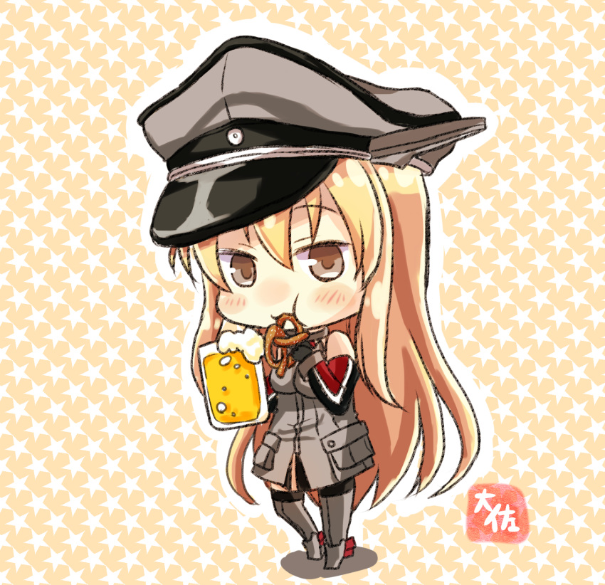 1girl :t alcohol alternate_eye_color ankle_boots bare_shoulders beer beer_mug bismarck_(kantai_collection) black_gloves blonde_hair blush boots breasts brown_eyes chibi eating elbow_gloves food full_body gloves grey_boots grey_hat grey_legwear hat highres holding holding_food kantai_collection long_hair looking_at_viewer medium_breasts military military_uniform nose_blush outline peaked_cap pocket pretzel sleeveless solo star starry_background straight_hair taisa_(kari) thigh-highs uniform very_long_hair