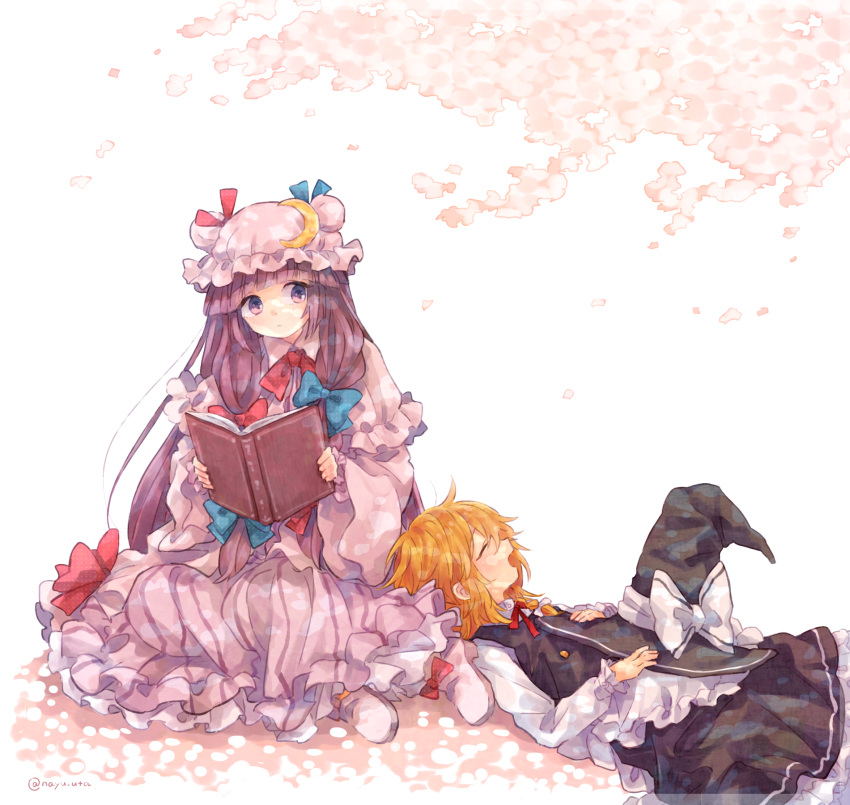 2girls ankle_boots apron blonde_hair book boots braid cherry_blossoms closed_eyes crescent crescent_hair_ornament dappled_sunlight double_bun dress expressionless hair_ornament hair_ribbon hat hat_on_chest hat_removed headwear_removed highres kirisame_marisa long_hair long_sleeves looking_at_viewer lying_on_person mob_cap multiple_girls narina open_book open_mouth patchouli_knowledge petals purple_hair ribbon robe shoe_ribbon sidelocks simple_background single_braid sitting skirt skirt_set striped striped_dress sunlight touhou tree_branch tress_ribbon very_long_hair violet_eyes waist_apron white_background yokozuwari