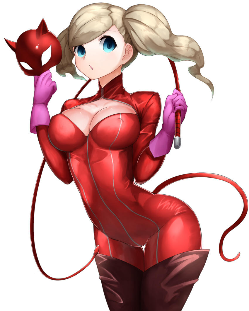 1girl arched_back bangs blonde_hair blue_eyes boruhis breasts cleavage_cutout cowboy_shot hair_ornament hairclip highres large_breasts long_hair looking_at_viewer open_mouth persona persona_5 swept_bangs takamaki_ann twintails wavy_hair whip