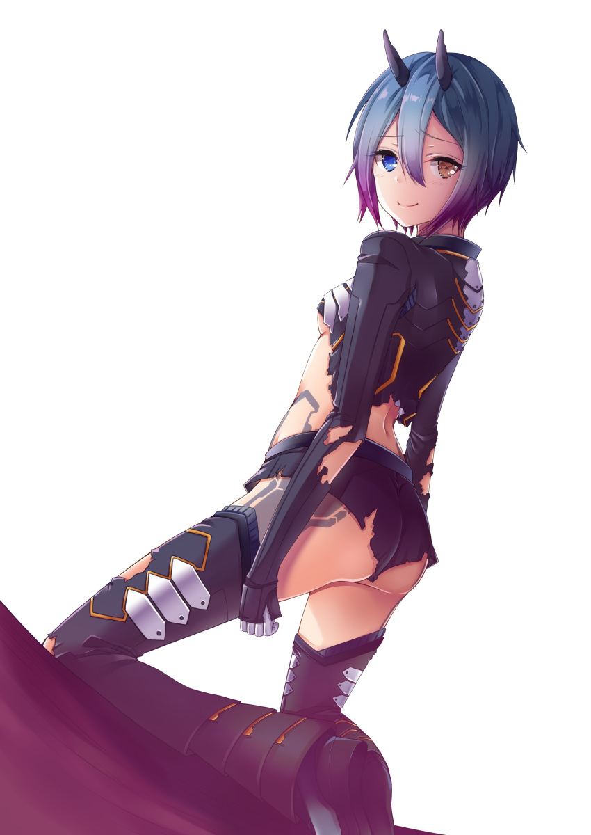 1girl absurdres arms_at_sides ass back bangs black_legwear blue_eyes blue_hair blush breasts broken brown_eyes closed_mouth dutch_angle eyelashes from_behind gloves gradient gradient_hair hair_between_eyes heterochromia highres horns io_(pso2) kneeling light_particles looking_at_viewer looking_back midriff multicolored_hair oni_horns phantasy_star phantasy_star_online_2 purple_hair shin_guards short_hair short_shorts shorts simple_background sleeves_past_wrists small_breasts smile solo tattoo thigh-highs torn_clothes torn_shorts torn_sleeves torn_thighhighs two-tone_hair under_boob white_background white_gloves yoshida_iyo