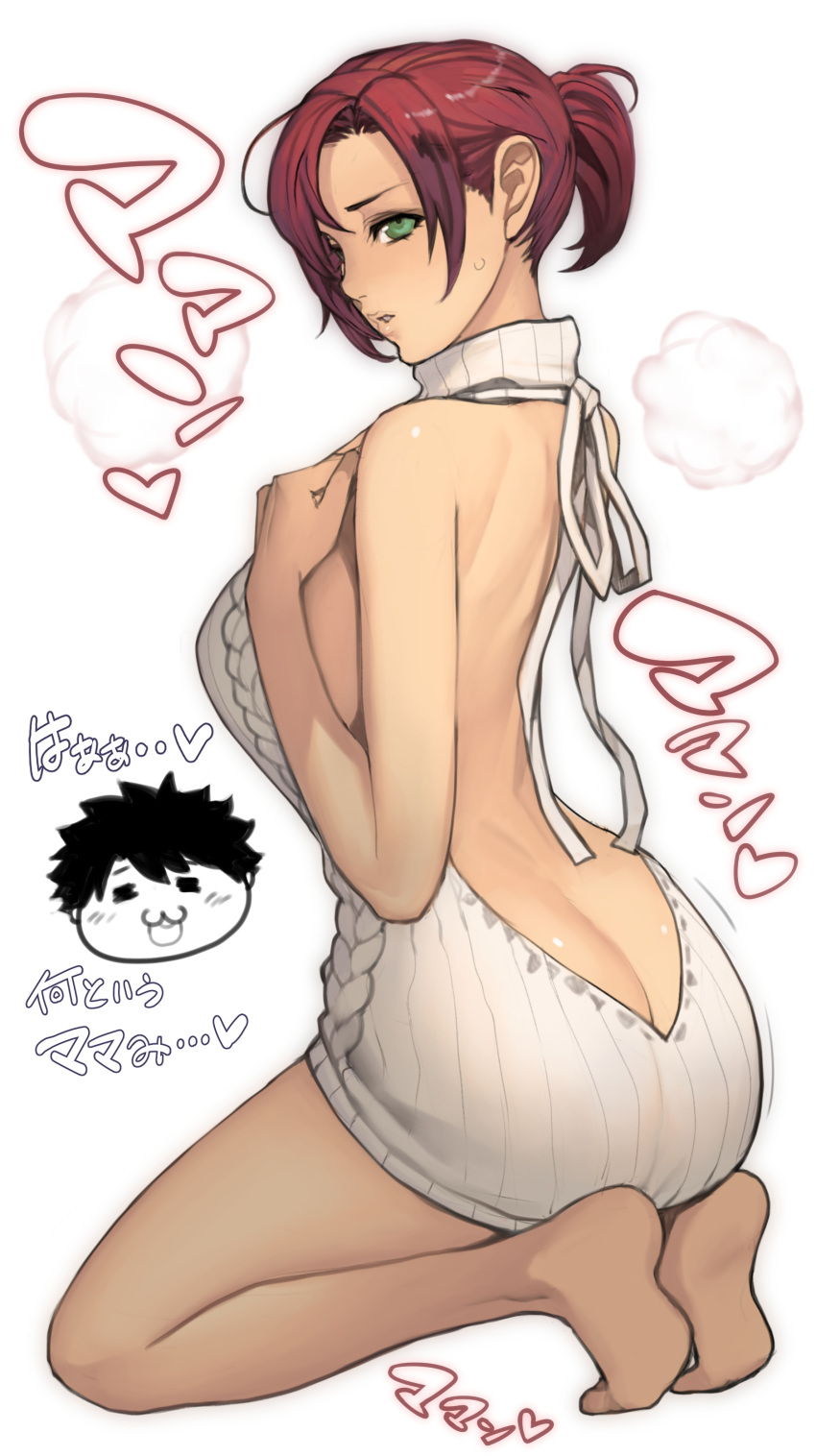 1girl absurdres ass backless_outfit bare_back boudica_(fate/grand_order) breasts butt_crack dress fate/grand_order fate_(series) full_body green_eyes halterneck highres large_breasts looking_back meme_attire naked_sweater no_bra no_panties oda_non open-back_dress ponytail redhead ribbed_sweater short_hair sideboob solo sweater sweater_dress virgin_killer_sweater