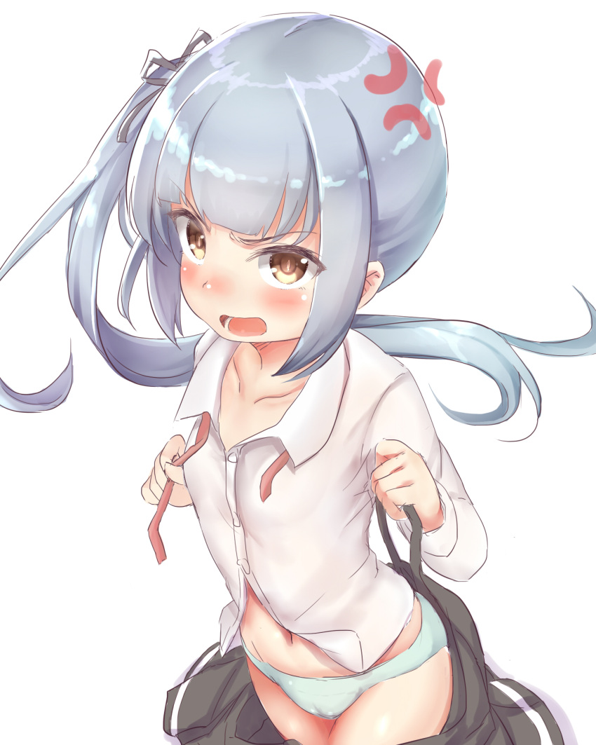 1girl anger_vein angry black_skirt blouse brown_eyes grey_hair highres kantai_collection kasumi_(kantai_collection) long_hair long_sleeves mogera81 open_mouth panties side_ponytail skirt solo suspenders underwear undressing white_background white_blouse