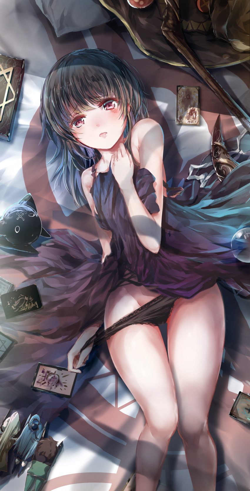 1girl animal aqua_(konosuba) bangs bare_shoulders bed_sheet black_cat black_hair black_panties blue_hair book breasts brown_hair brown_hat camisole card cat chomusuke clothes_tug cowboy_shot darkness_(konosuba) desakey eyebrows_visible_through_hair grimoire groin hand_on_own_chest hand_up hat hat_removed headwear_removed highres kono_subarashii_sekai_ni_shukufuku_wo! lingerie long_hair looking_at_viewer lying megumin on_back on_bed open_mouth panties panty_pull pillow ponytail pulled_by_self red_eyes satou_kazuma short_hair short_hair_with_long_locks sidelocks sleeveless small_breasts solo spaghetti_strap staff thigh_gap track_suit underwear witch_hat