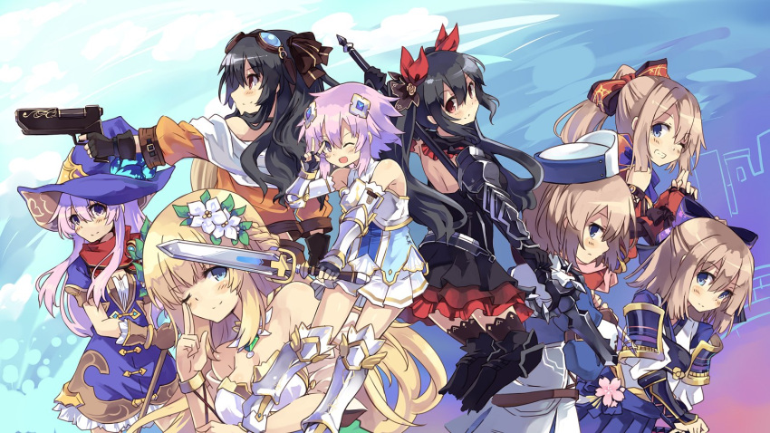 6+girls bare_shoulders black_hair blanc blonde_hair blue_eyes breasts brown_hair choujigen_game_neptune cleavage female flower four_goddesses_online:_cyber_dimension_neptune from_side goggles gun hair_flower hair_ornament hat highres long_hair looking_at_viewer multiple_girls nepgear neptune_(choujigen_game_neptune) neptune_(series) noire nomalandnomal one_eye_closed open_mouth polearm ponytail purple_hair ram_(choujigen_game_neptune) red_eyes ribbon rom_(choujigen_game_neptune) short_hair siblings sisters smile spear sword twins twintails uni_(choujigen_game_neptune) v vert very_long_hair violet_eyes weapon witch_hat