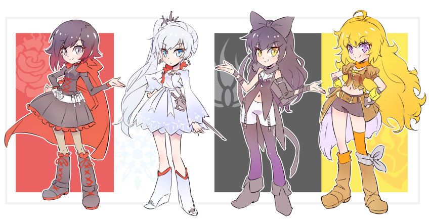 4girls black_hair blake_belladonna blonde_hair blue_eyes chibi ember_celica_(rwby) grey_eyes highres iesupa multiple_girls myrtenaster redhead ruby_rose rwby rwby_chibi violet_eyes weiss_schnee white_hair yang_xiao_long yellow_eyes