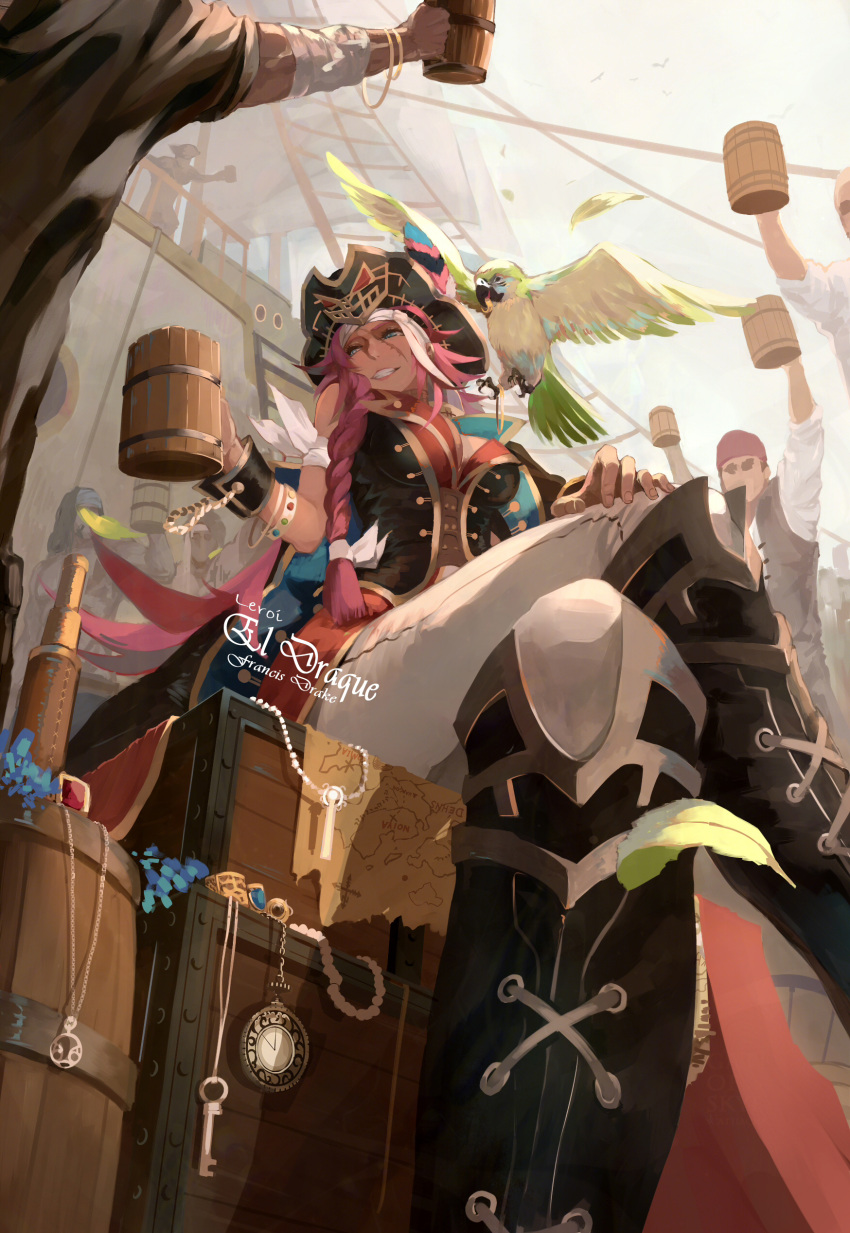 1girl :d absurdres arm_up bird blue_eyes boots braid breasts character_name commentary_request corset fate/extra fate_(series) feathers foreshortening hat highres jewelry key knee_boots large_breasts long_hair map multiple_boys open_mouth parrot pink_hair pirate pirate_hat pirate_ship reroi rider_(fate/extra) scar scar_across_eye single_braid smile tagme