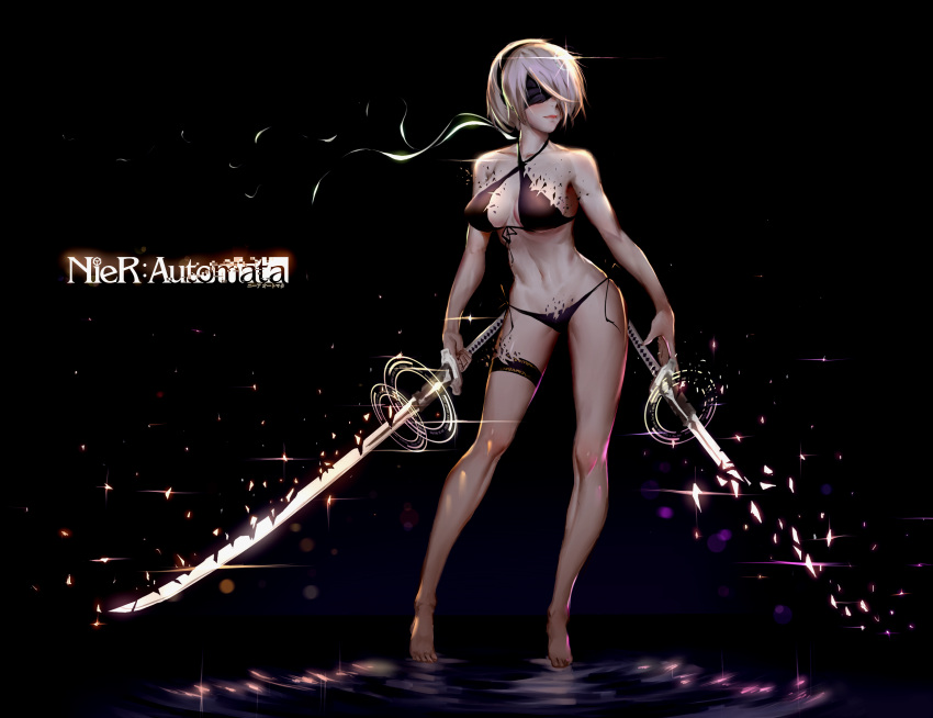1girl bare_arms bare_legs bare_shoulders barefoot bikini black_background black_bikini blindfold breasts cleavage closed_mouth collarbone contrapposto copyright_name covered_eyes criss-cross_halter dissolving dissolving_clothes dual_wielding front-tie_bikini front-tie_top full_body glowing glowing_sword glowing_weapon halter_top halterneck highres holding holding_sword holding_weapon katana medium_breasts navel nier_(series) nier_automata pauld pink_lips short_hair side-tie_bikini silver_hair simple_background smile solo sparkle standing standing_on_liquid stomach swimsuit sword thigh_strap water weapon yorha_no._2_type_b