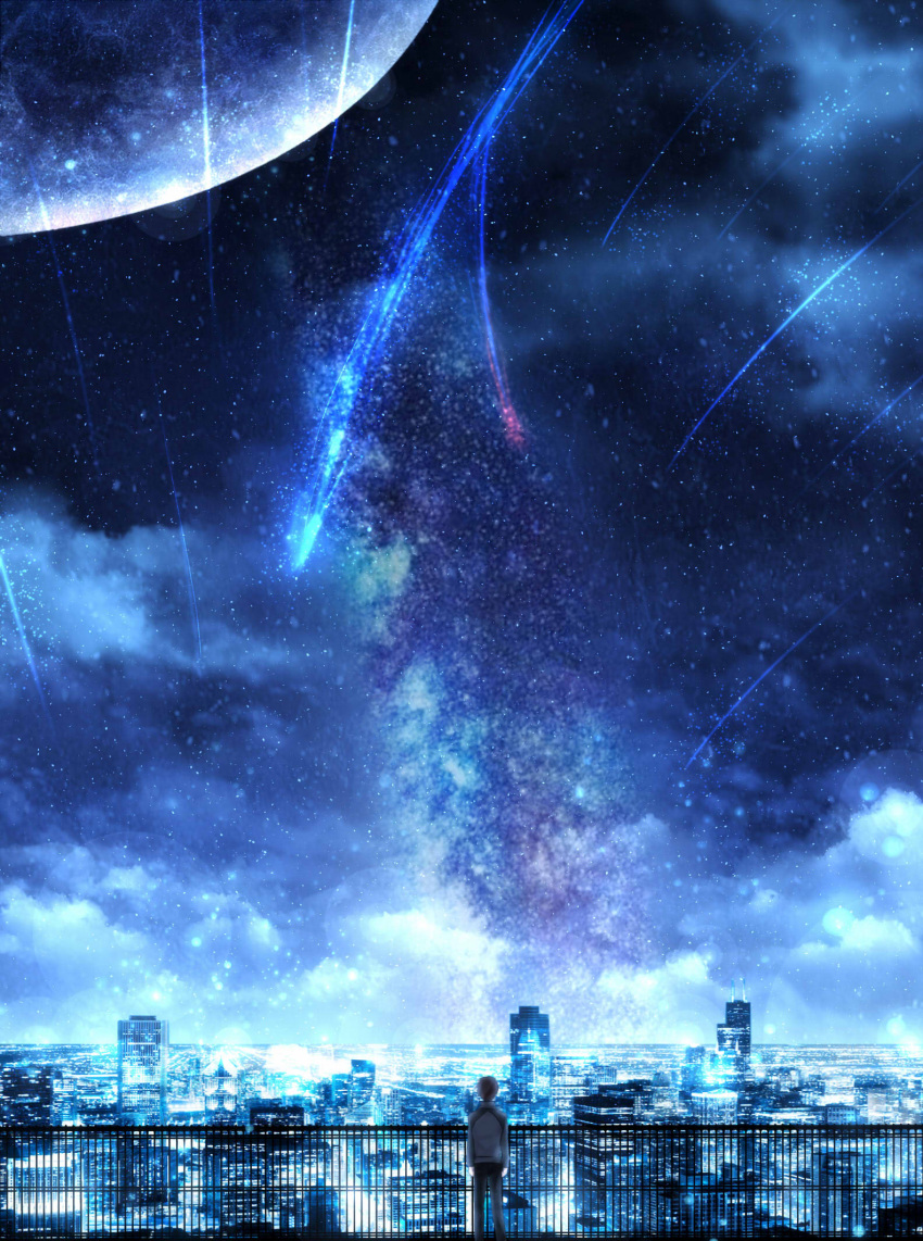 1boy blue city cityscape comet commentary czy_(2894456992) from_behind highres kimi_no_na_wa lens_flare moon night night_sky railing scenery sky skyline star_(sky) starry_sky tachibana_taki