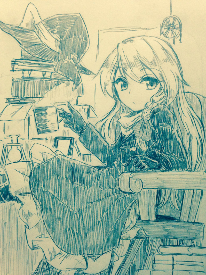 1girl :/ bangs book bow braid chair closed_mouth commentary_request cup efukei eyebrows_visible_through_hair flask gloves hat hat_bow hat_removed headwear_removed highres holding holding_cup kirisame_marisa long_hair long_sleeves looking_at_viewer monochrome mug side_braid single_braid sitting solo touhou traditional_media witch_hat