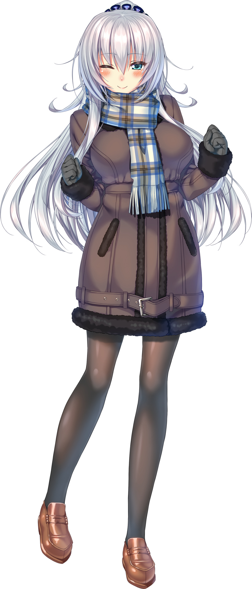 1girl absurdres amakano_~second_season~ aqua_eyes blush clenched_hands coat full_body fur_trim hair_ornament hair_scrunchie highres loafers long_hair long_sleeves looking_at_viewer official_art one_eye_closed pantyhose piromizu plaid plaid_scarf scarf scrunchie shoes smile solo suzurikawa_euphrasie_ruika transparent_background white_hair