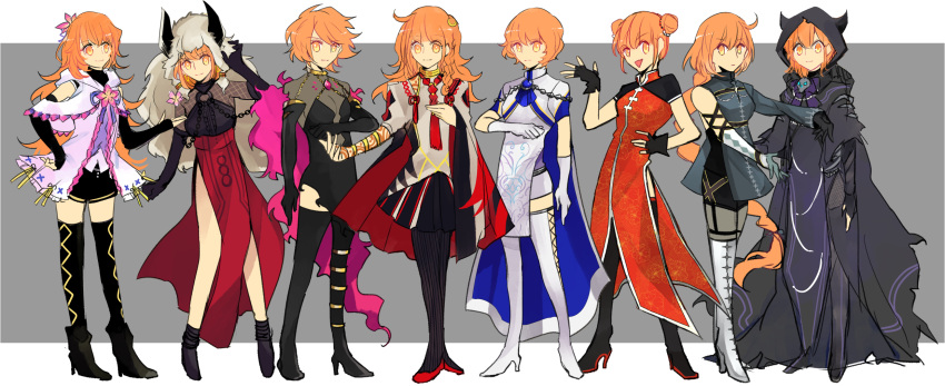 1girl adapted_costume ahoge alternate_hair_length alternate_hairstyle arjuna_(fate/grand_order) arjuna_(fate/grand_order)_(cosplay) assassin_(fate/extra) assassin_(fate/extra)_(cosplay) asterios_(fate/grand_order) asterios_(fate/grand_order)_(cosplay) asymmetrical_clothes asymmetrical_gloves bangs black_cloak black_dress black_gloves black_legwear black_pants black_shirt blue_cape blunt_bangs boots bracelet braid breasts cape caster_(fate/zero) china_dress chinese_clothes cleavage cleavage_cutout cloak cosplay cross-laced_footwear curly_hair double_bun dress elbow_gloves fake_horns fashion fate/apocrypha fate/extra fate/grand_order fate_(series) fingerless_gloves flower fujimaru_ritsuka_(female) full_body garter_straps gilgamesh gilles_de_rais_(fate/grand_order) gilles_de_rais_(fate/grand_order)_(cosplay) gloves grey_background gurekan25 hair_flower hair_ornament hand_on_hip hand_on_own_headwear high_heel_boots high_heels highres hood hooded_cloak hooded_top horns jacket jewelry karna_(fate) karna_(fate)_(cosplay) king_hassan_(fate/grand_order) king_hassan_(fate/grand_order)_(cosplay) lace-up_gloves legband legs_apart legs_together loafers long_hair long_skirt long_sleeves looking_at_viewer merlin_(fate/stay_night) merlin_(fate/stay_night)_(cosplay) multiple_views navel_cutout necklace o-ring_top orange_dress orange_hair pants pantyhose pelvic_curtain pleated_skirt red_skirt ribbon sheer_clothes shirt shoes short_dress short_hair short_sleeves shorts side_slit single_braid skirt skull sleeveless small_breasts socks solomon_(fate/grand_order) solomon_(fate/grand_order)_(cosplay) strapless striped striped_background striped_legwear swept_bangs tassel tattoo thigh-highs thigh_boots translucent undershirt vertical-striped_legwear vertical_stripes very_long_hair white_background white_cape white_clothes white_gloves white_legwear wig wolfgang_amadeus_mozart_(fate/grand_order) wolfgang_amadeus_mozart_(fate/grand_order)_(cosplay) yellow_eyes zettai_ryouiki