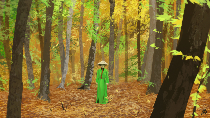1girl chinese_clothes erica_june_lahaie forest full_body hat house_of_flying_daggers leaf mei_(house_of_flying_daggers) nature signature solo tree