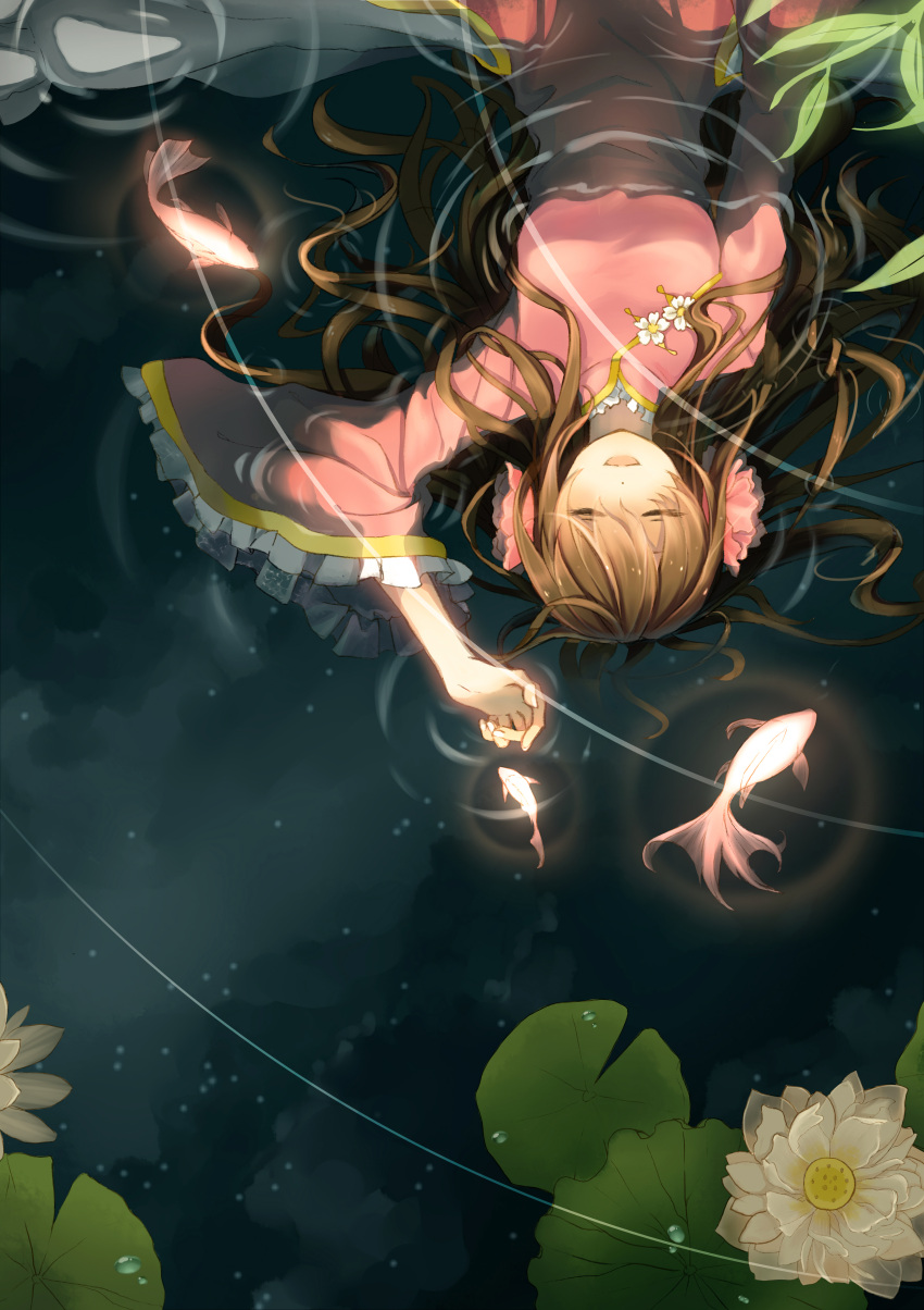 1girl absurdres arm_up axis_powers_hetalia brown_hair china_dress chinese_clothes closed_eyes dress fish flower highres open_mouth partially_submerged ripples scarlet_moon smile solo taiwan_(hetalia) upside-down