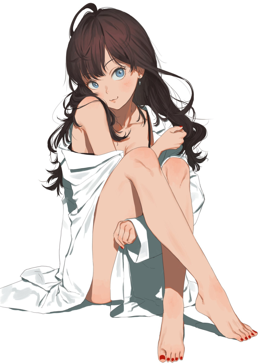 1girl bangs bare_legs barefoot black_bra blue_eyes blush bottomless bra breasts brown_hair cleavage closed_mouth collarbone daifukumochi_(qquuiieett) dress_shirt earrings eyebrows_visible_through_hair feet fingernails full_body hand_up head_tilt highres ichinose_shiki idolmaster idolmaster_cinderella_girls jewelry long_hair medium_breasts nail_polish naked_shirt no_panties off_shoulder open_clothes open_shirt red_nails shirt simple_background sitting smile solo toenail_polish toenails toes underwear white_background white_shirt